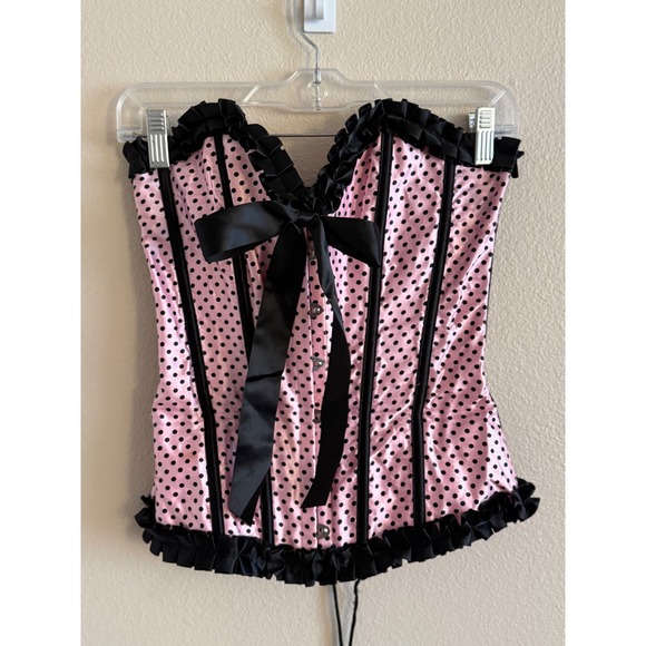 Lovesick Tops - Lovesick Pink Black Polka Dot Ruffle Corset Top Satin Bow Lace Up Back Small